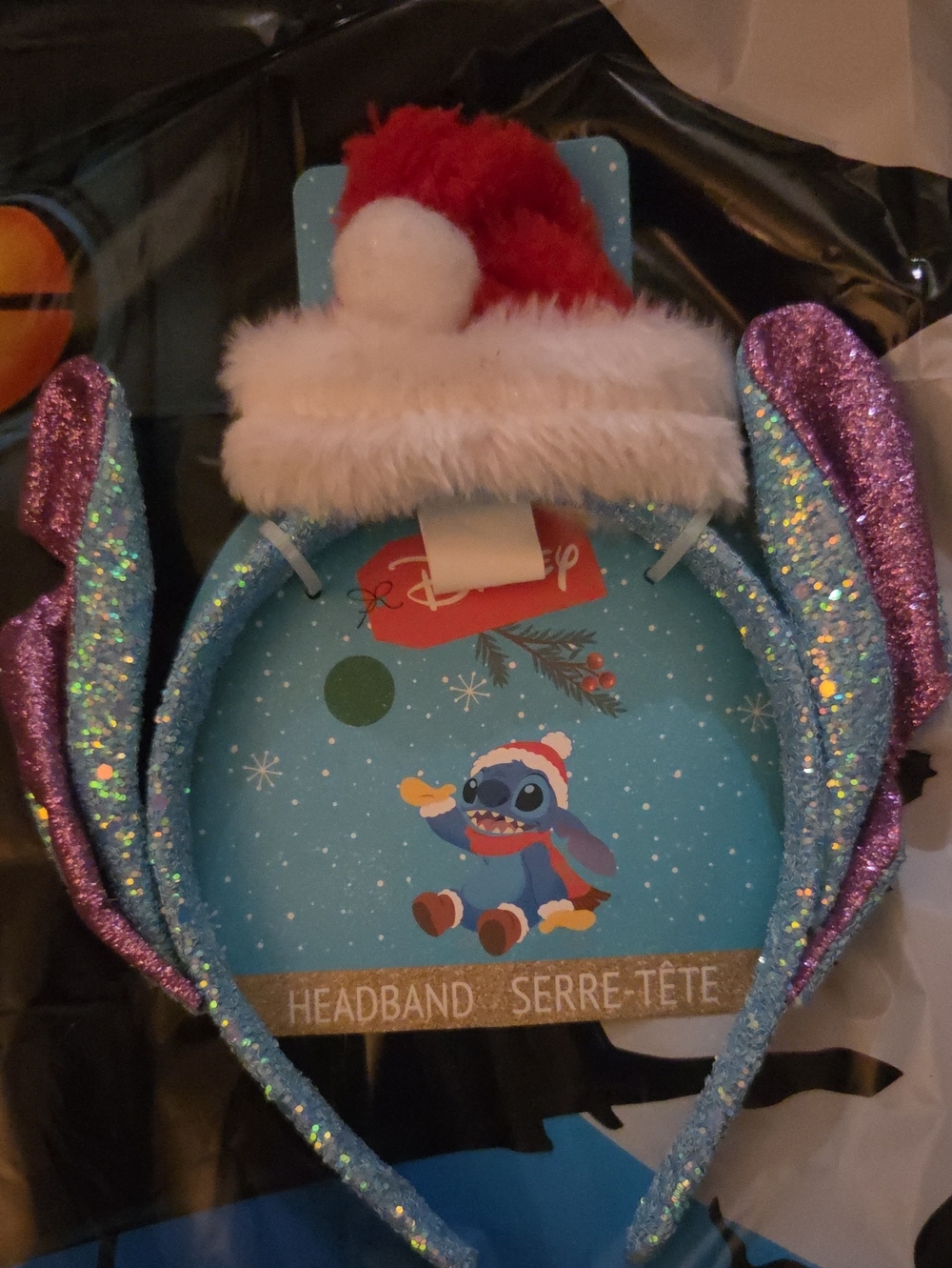 Disney Lilo & Stitch Sparkle Purple Ear Headband with Red Santa Hat